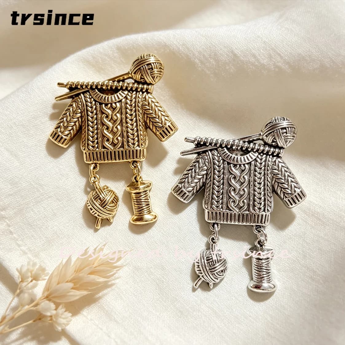 Vintage Cable Knit Sweater Brooch Knitting Needle Yarn Ball Dangle Lapel Pin Antique Broche Handmade Craft Jewelry