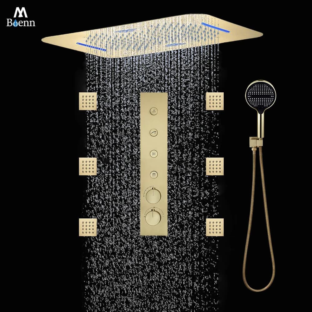 Set Doccia M Boenn 4 Funzioni con Miscelatore Termostatico a Incasso, Illuminazione a 64 Colori e Musica, Soffione Doccia a Soffitto, Rubinetteria per Bagno