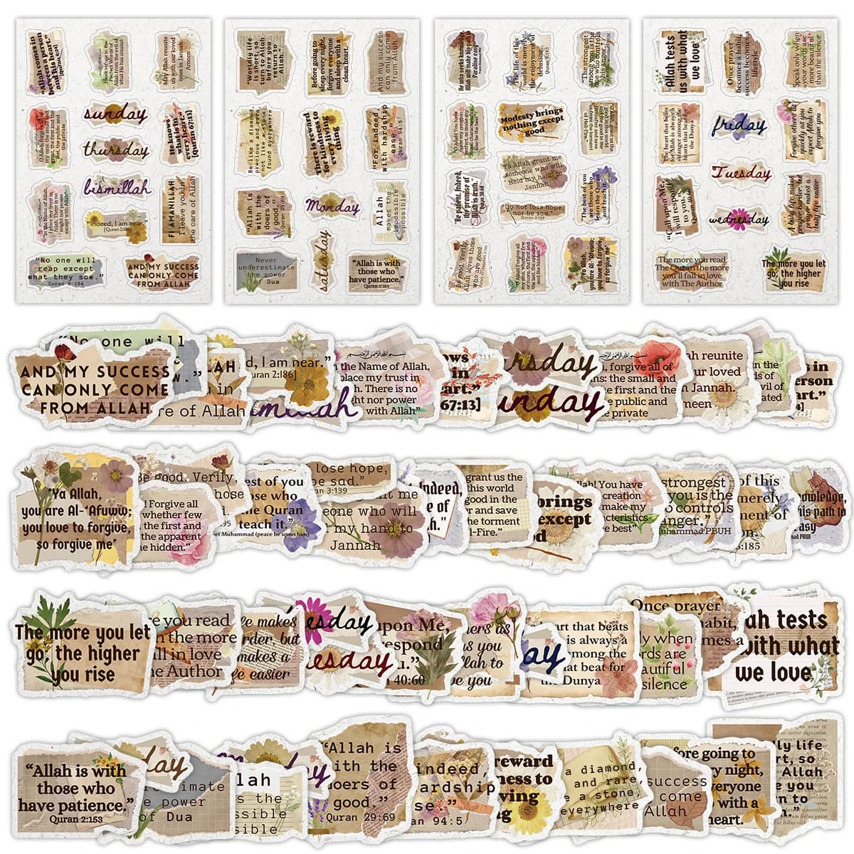 4 fogli - 50 adesivi con frasi coraniche, citazioni vintage con design floreale, etichette promemoria giornaliere per diari, agende, regalo per il Ramadan