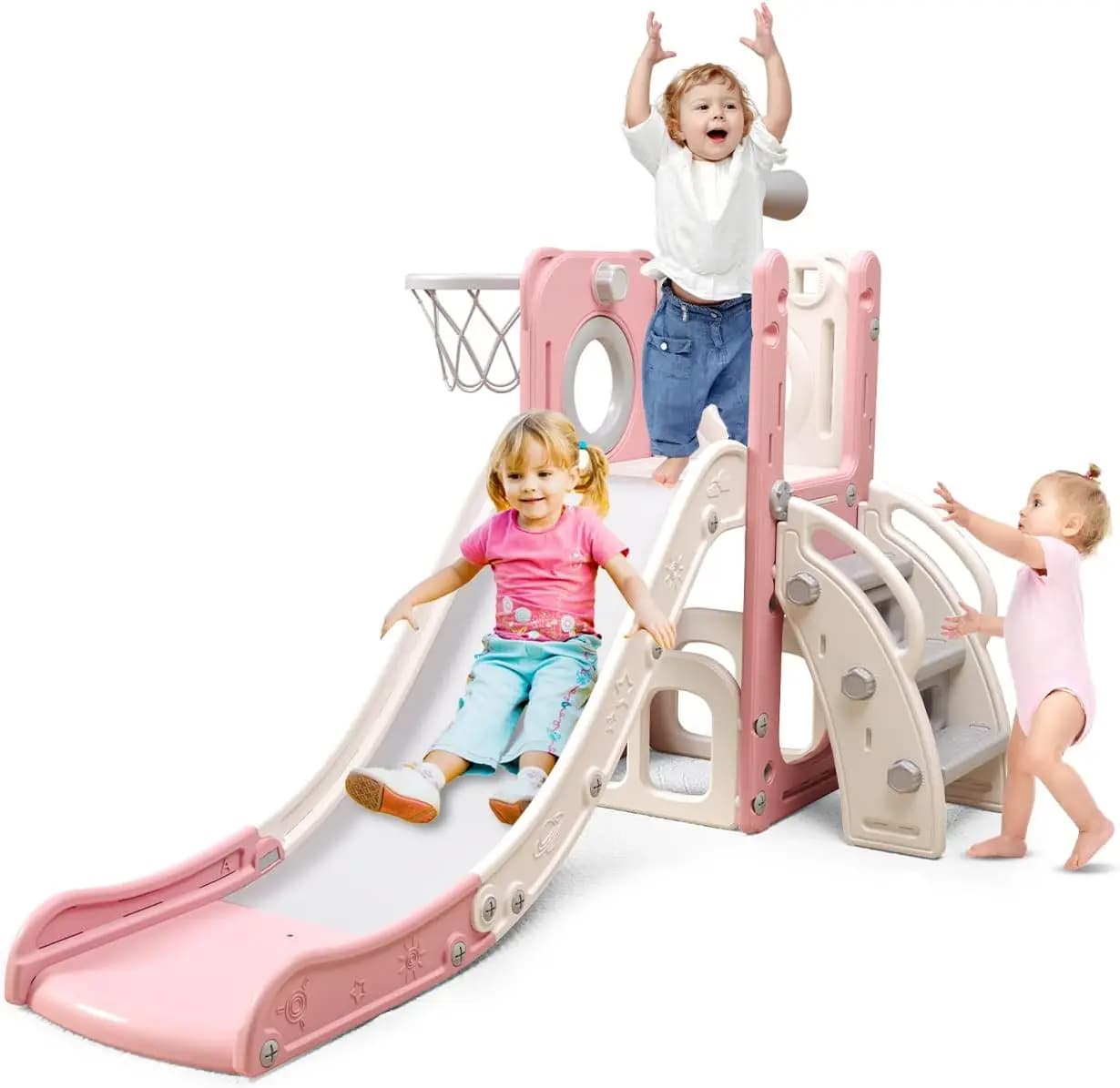 Set di diapositive per bambini 6 in 1 con canestro da basket, palla e lancio di anelli per giochi al coperto e all'aperto