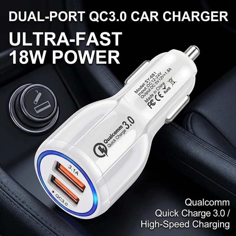 Caricabatterie da auto QC 3.0 Dual USB A 3.1A con ricarica rapida per iPhone 17 16 Pro Max, Samsung, telefono e tablet