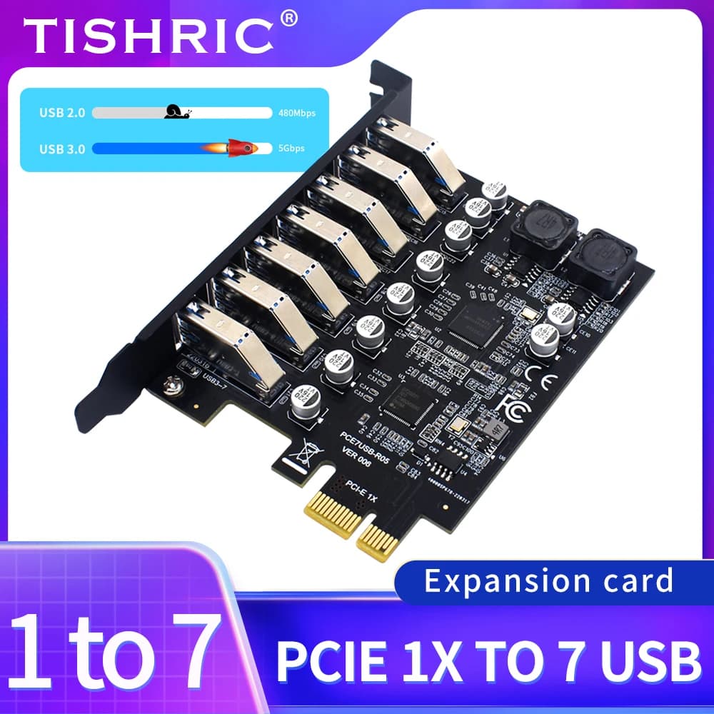 TISHRIC PCIE 1X to 7 USB 3.0 Interface Expansion Card HUB Multiplier Slot Pci Express Controller USB 1x to 16x Additional cards