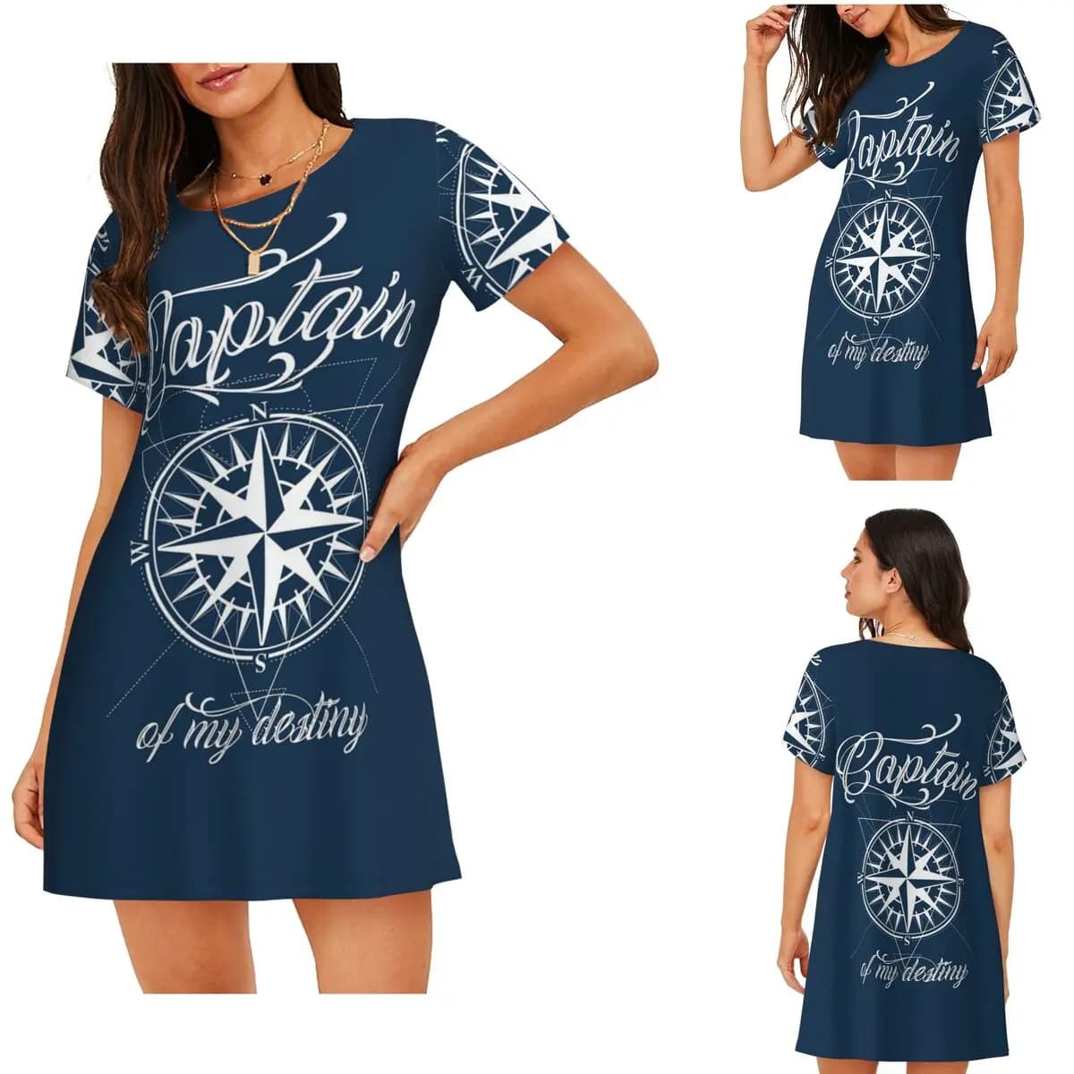 Custom Nautical Compass Captain Anchor Boat Short Sleeves Nightdress For Sleeping Women Short Sleeve Nightgowns Pajama Dress