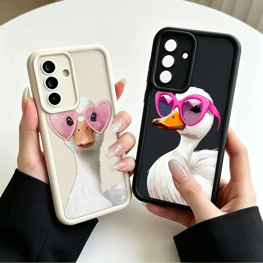Custodia con stampa anatra con cuore e occhiali da sole per Samsung Galaxy A17 A15 A54 A57 A32 A16 A25 A26 A21s A06 A22 A11 A73 A56 A24 A13 A55