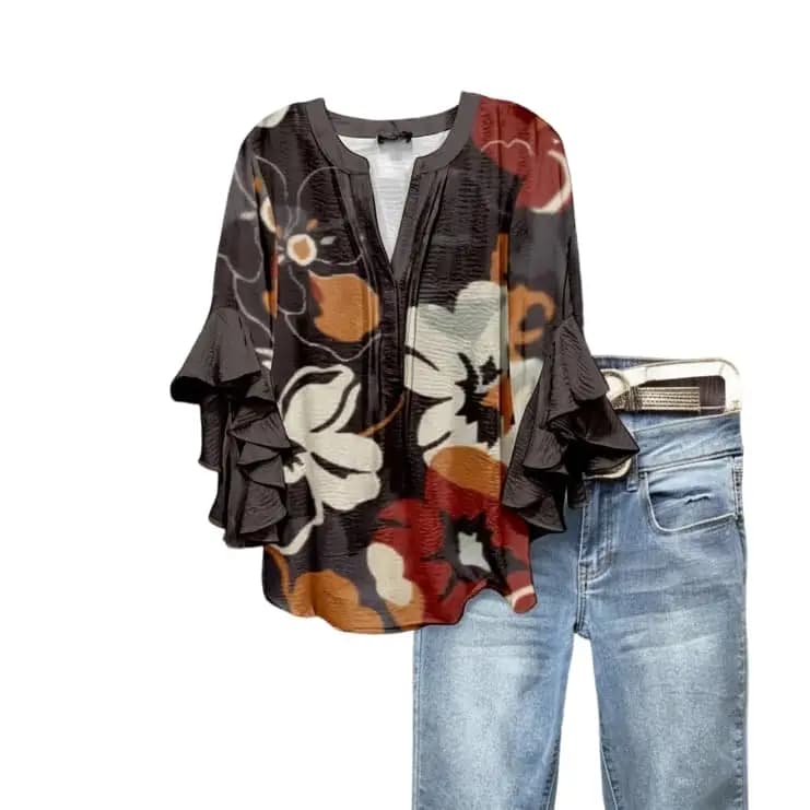 Camicetta da Donna con Stampa Floreale Scura e Maniche a Volant, Top Casual per Primavera Estate, Abbigliamento Quotidiano e Occasioni Chic
