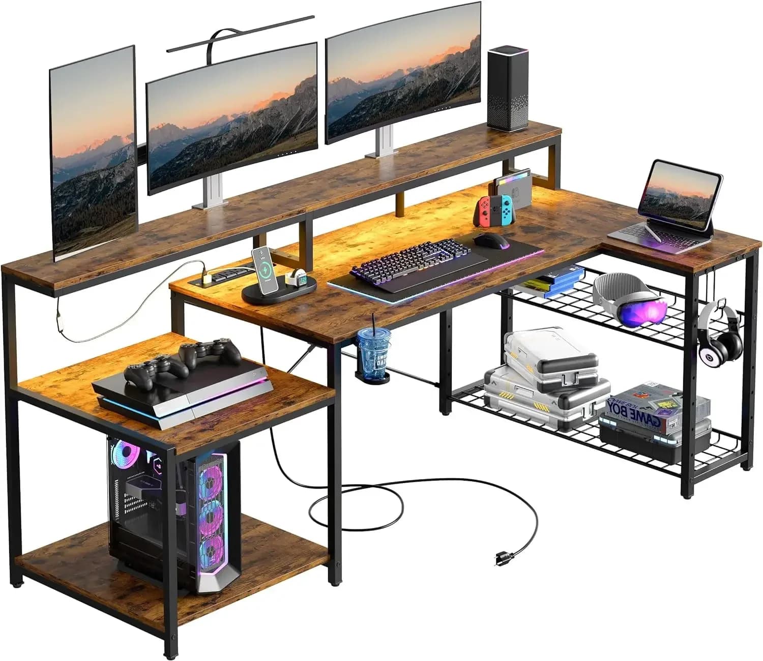 scrivania da studio l con supporto per monitor, grandi scrivanie a forma di L con ripiano regolabile, portabicchieri e ganci per cuffie, scrivania da studio