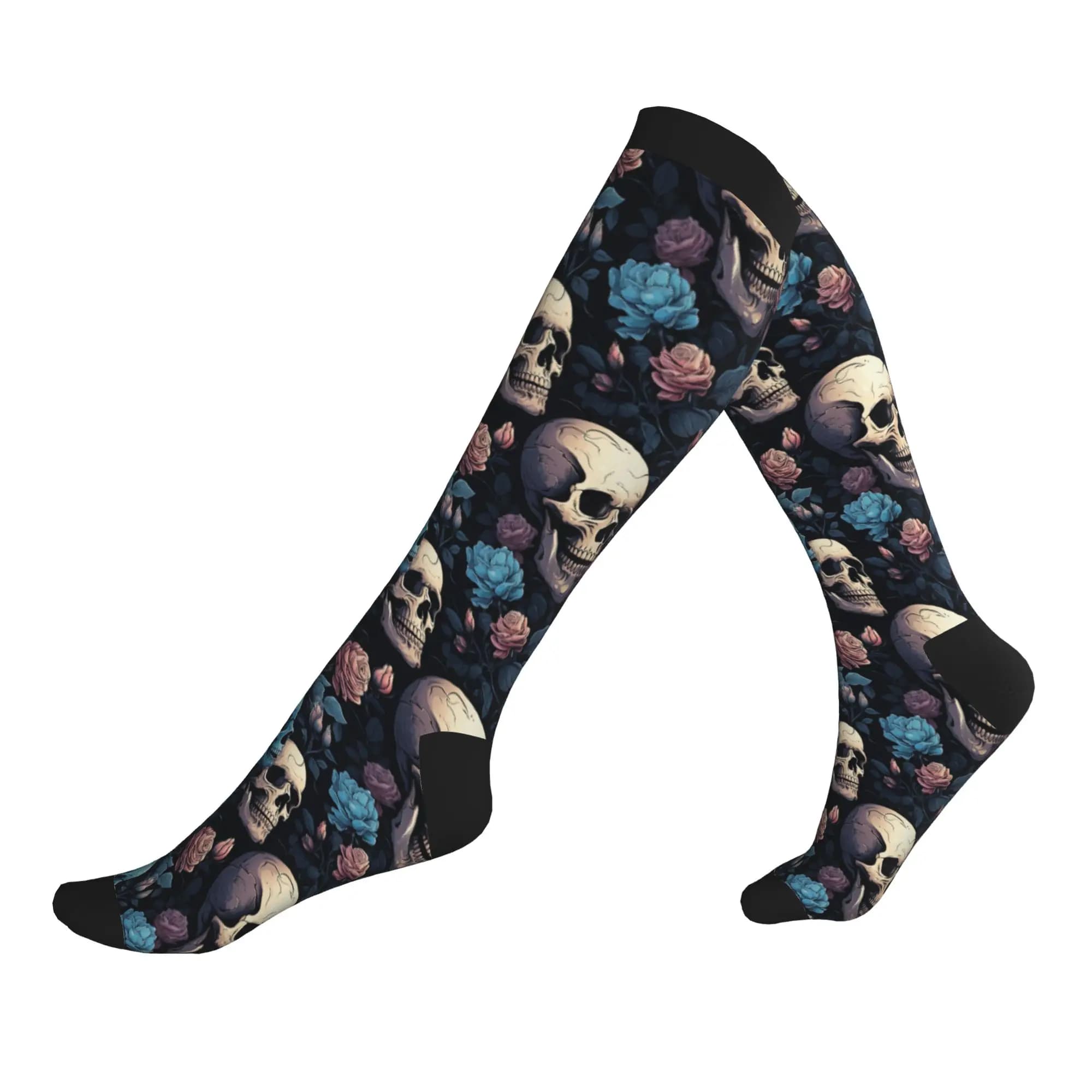 Novelty Printed Gothic Skeleton Skull Floral Socks for Women Men Stretchy Summer Autumn Winter Sports Compression Socks