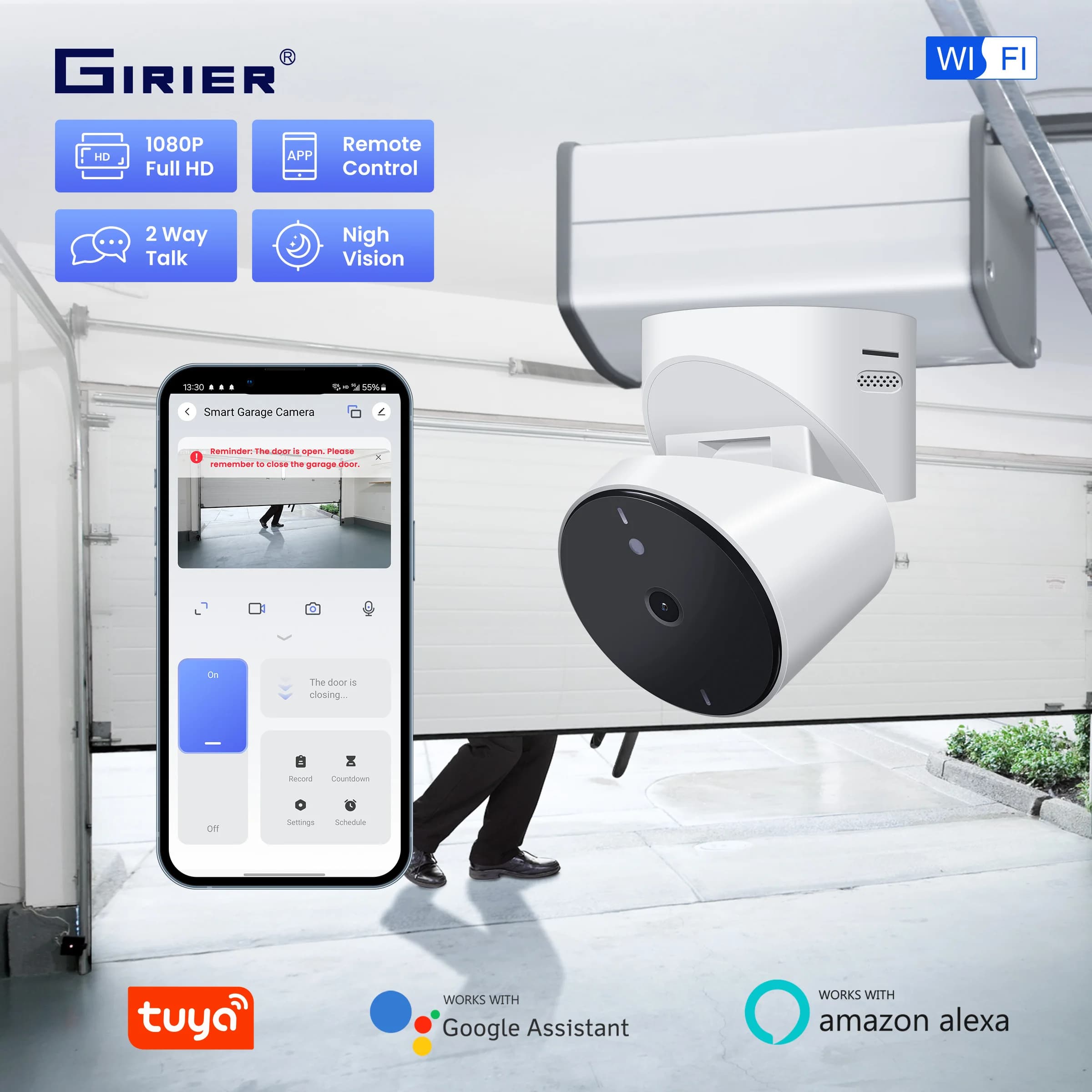 GIRIER Tuya Smart Garage Door Opener con telecamera di sicurezza WiFi Smart Garage Camera 1080P Supporta il rilevamento del movimento Visione notturna