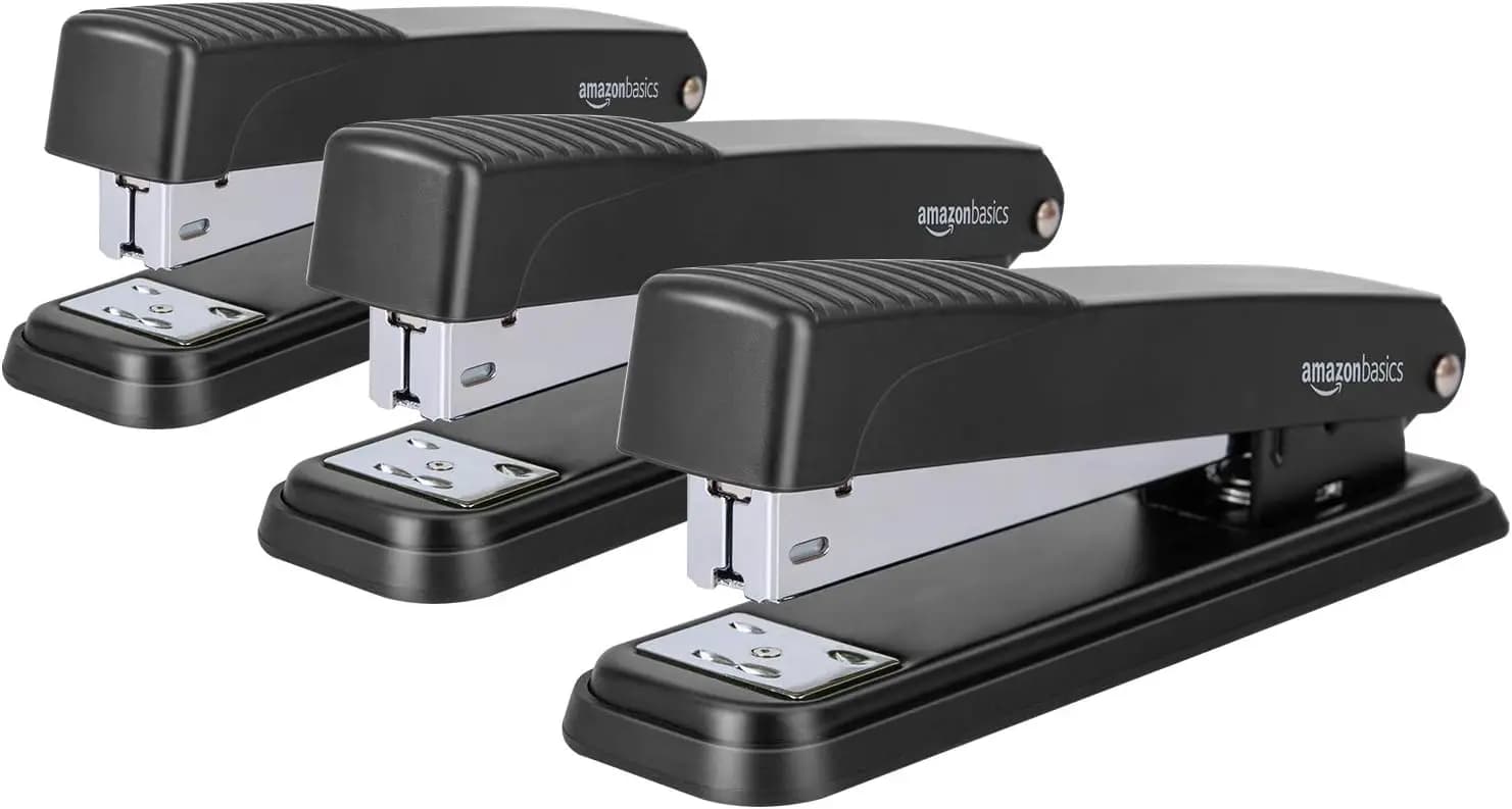 Full Strip Metal Desktop Stapler 20 Sheet Capacity with Non-Slip Base, Black, 3-Pack