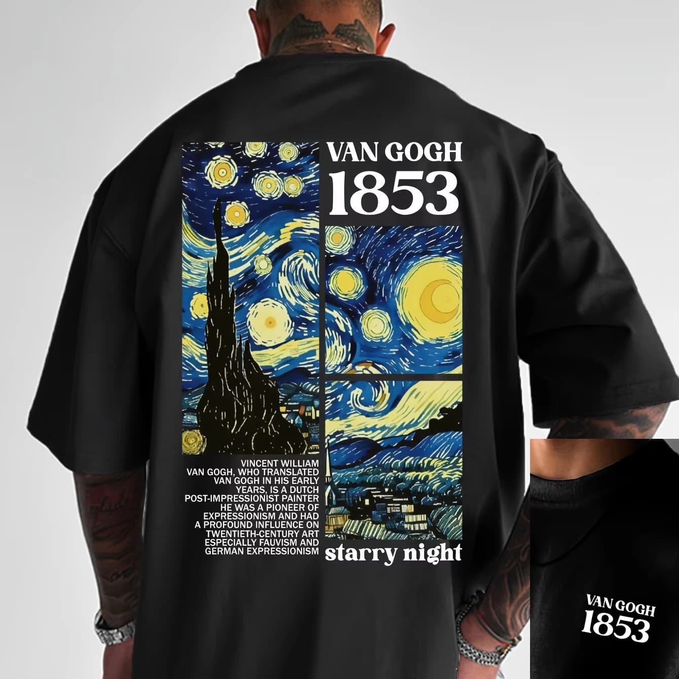 Men's Summer Pure Cotton Fashionable Casual Loose Tribute Van Gogh Famous Painting Printed Round Neck Short Sleeved T-shirt