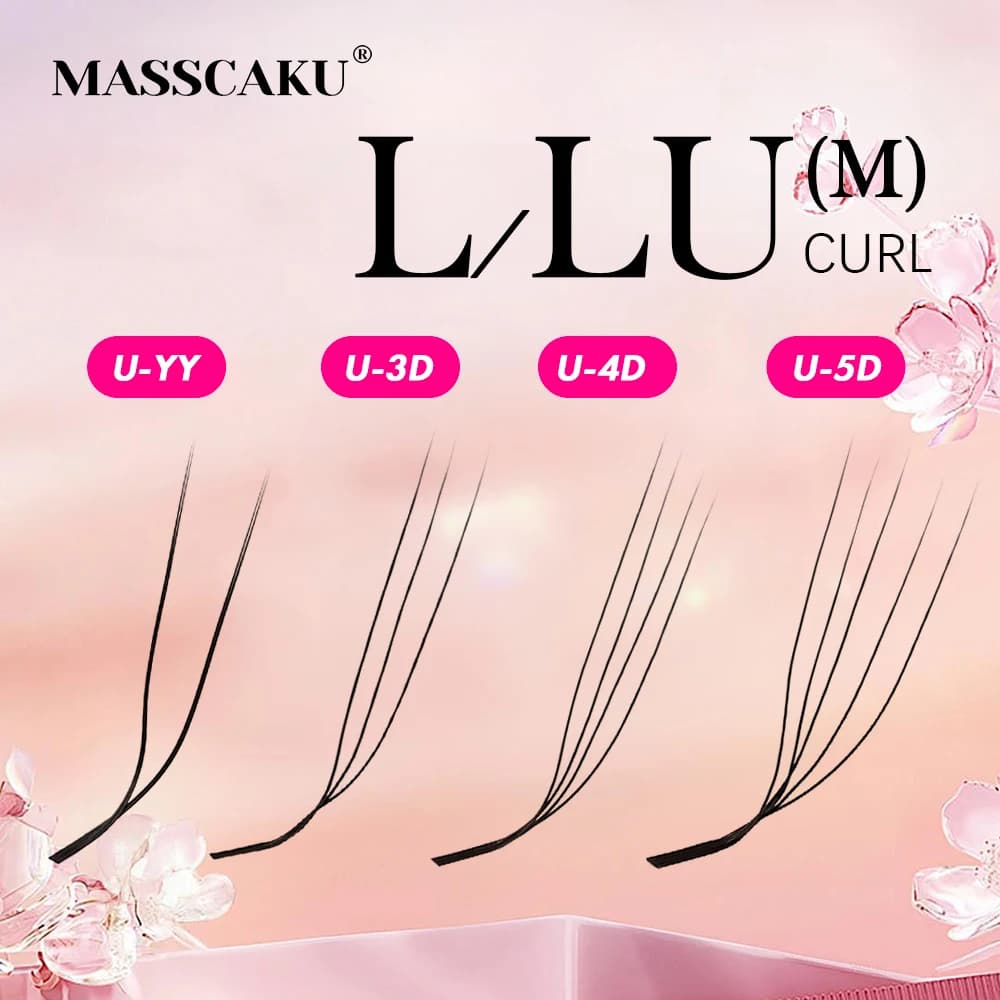 MASSCAKU Estensioni ciglia a forma di U L/LU/M Curl 3D-5D U Morbide nere opache Aspetto naturale Mazzi di ciglia individuali per strumento di trucco