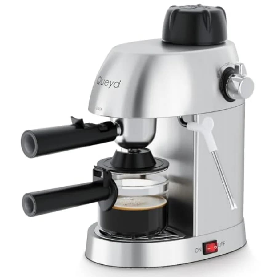Macchina per Espresso e Cappuccino da 3,5 Bar 4 Tazze in Acciaio Inox Compatta per Casa con Montalatte e Doppi Interruttori di Sicurezza