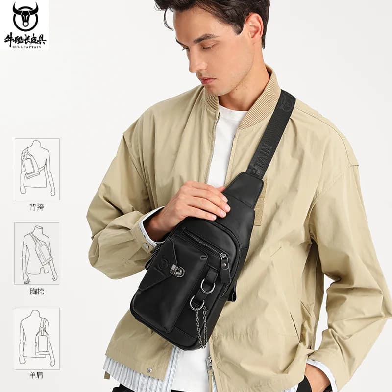 Borsa da petto da uomo in vera pelle, borsa a tracolla monopalla con catena di stoccaggio per cellulare con chiusura in pelle bovina con strato superiore morbido