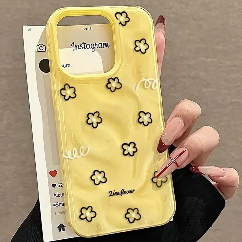 Custodia Morbida Gialla con Motivo Floreale Cartone Animato per iPhone 17 16 15 14 11 12 13 Pro Max 16 Plus, con Texture Pieghevole Bianca e Rosa