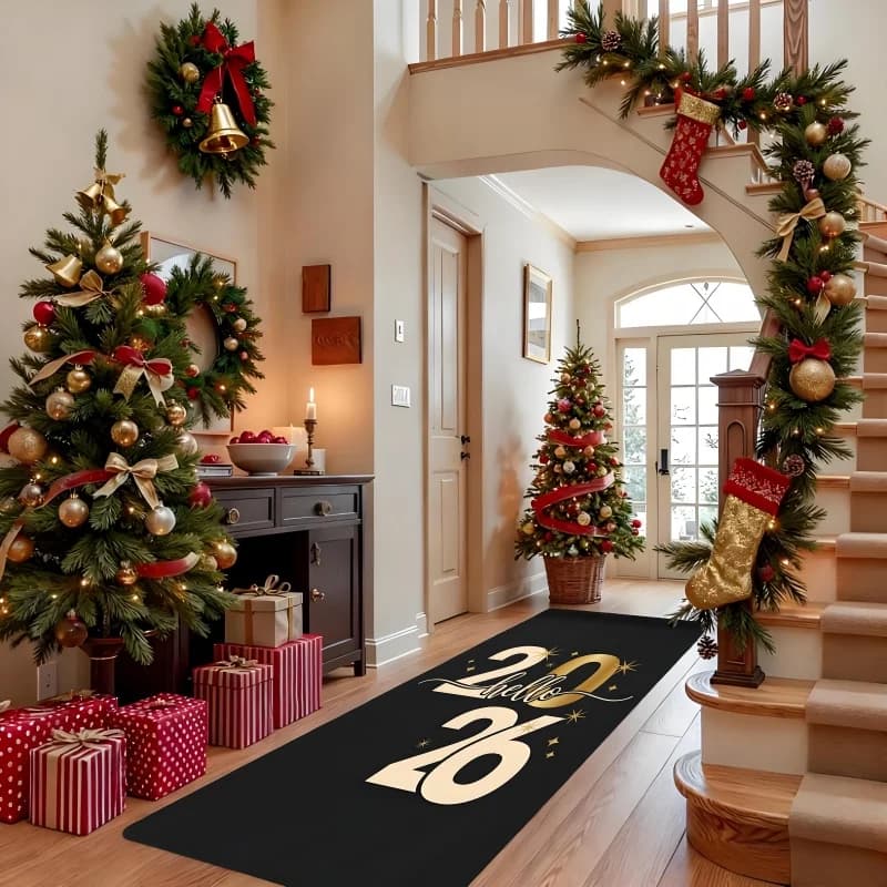 2026 Tappeto natalizio Tappeto Decorazione della casa Albero festivo Fuochi d'artificio Modello Tappetino lungo Tappeti antiscivolo per camera da letto Tappeti per la casa