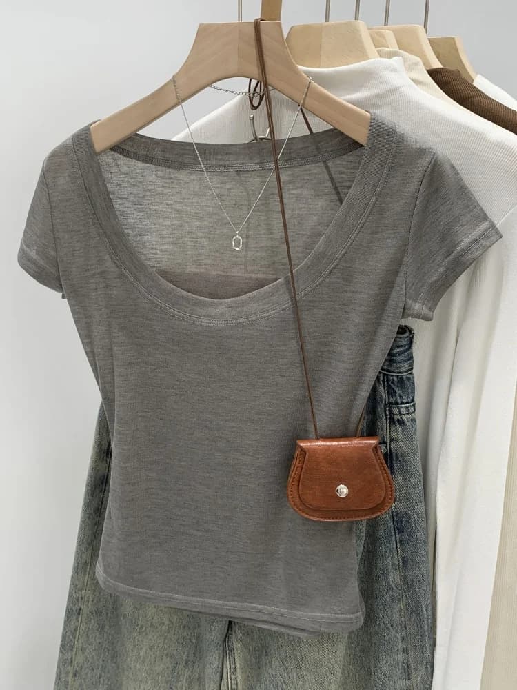Unique Grey U-Neck Short Sleeve T-Shirt Women's Fashionable Commute Style Splice Slim Fit Polyester Moisture Wicking Summer Top