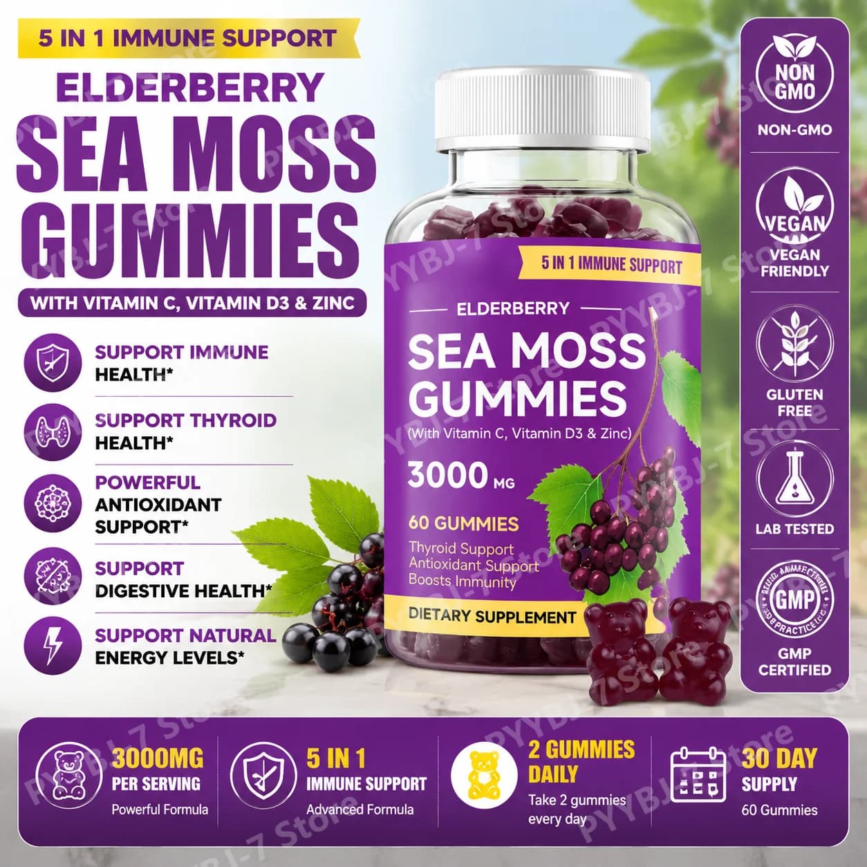 Gommose di Sambuco e Muschio Marino con Vitamina C e D3 e Zinco, 60 Gommose Vegane, Integratore Quotidiano per Adulti, Cura di Capelli, Pelle e Unghie