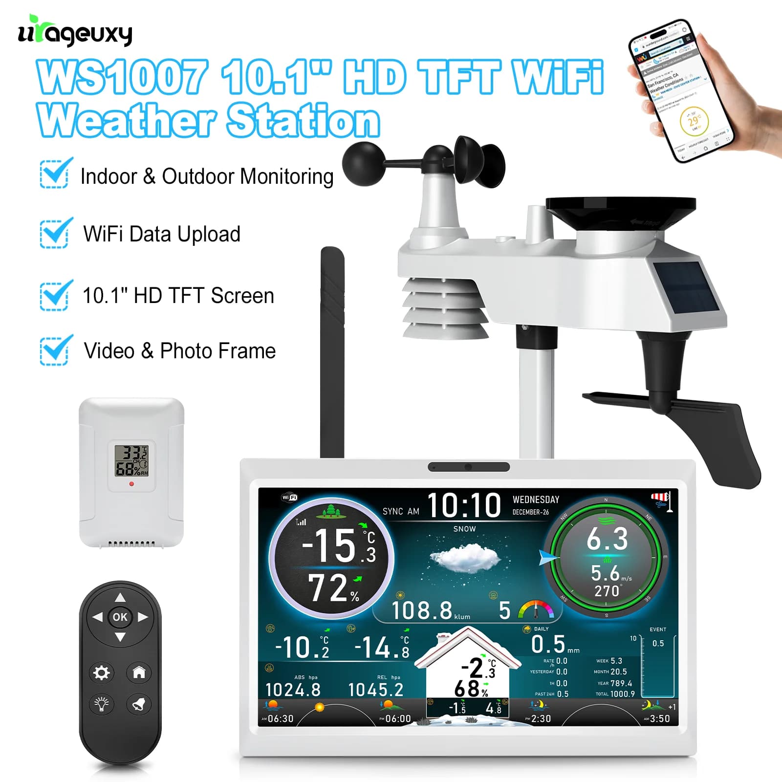 Stazione Meteo Wireless HD TFT da 10.1" con Sensore 7-in-1, Portata 100m, Caricamento Video/Foto WiFi, Controllo Remoto per Casa