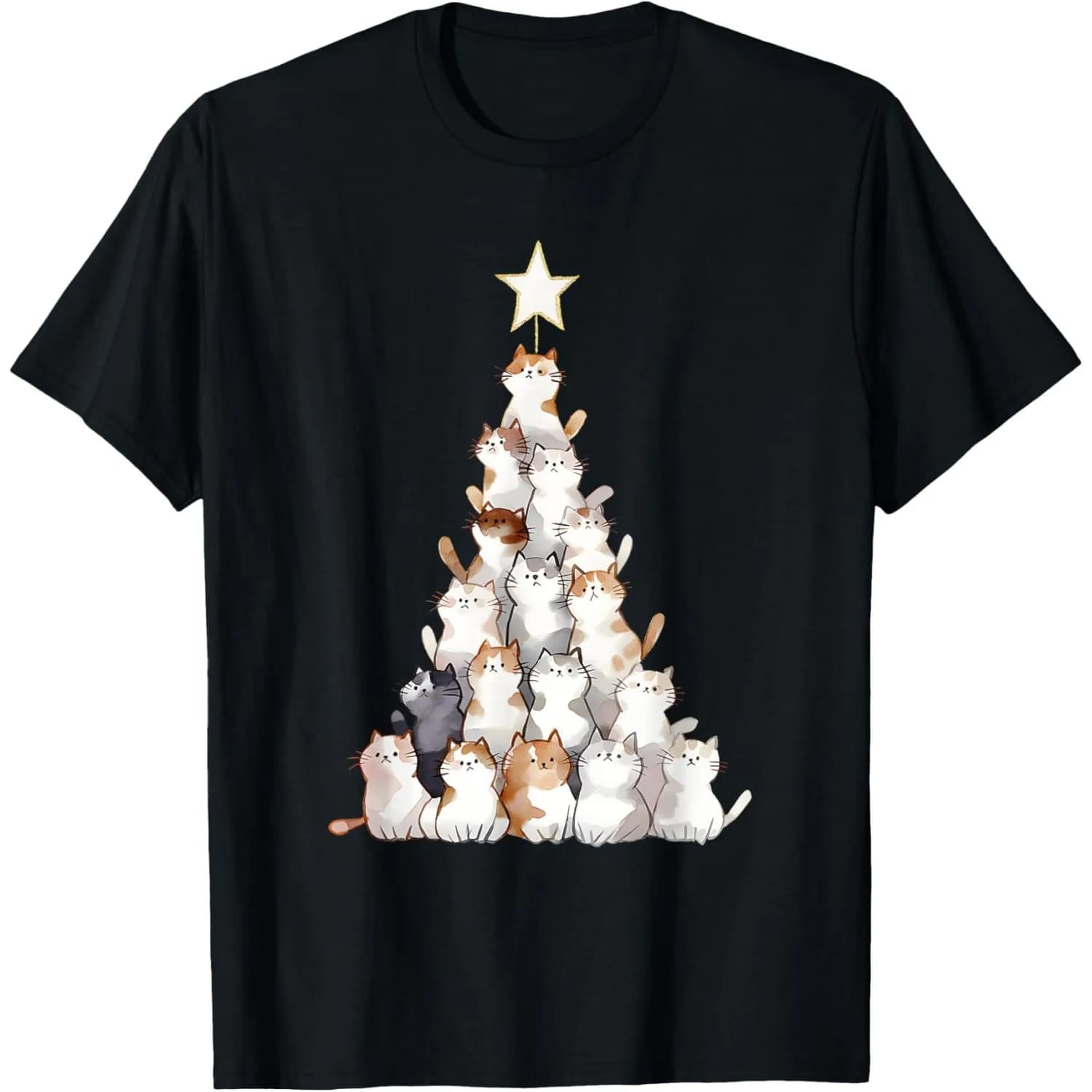 T-shirt con grafica albero di Natale e gatti, divertente e simpatico design con gatti impilati, casual, girocollo, a maniche corte
