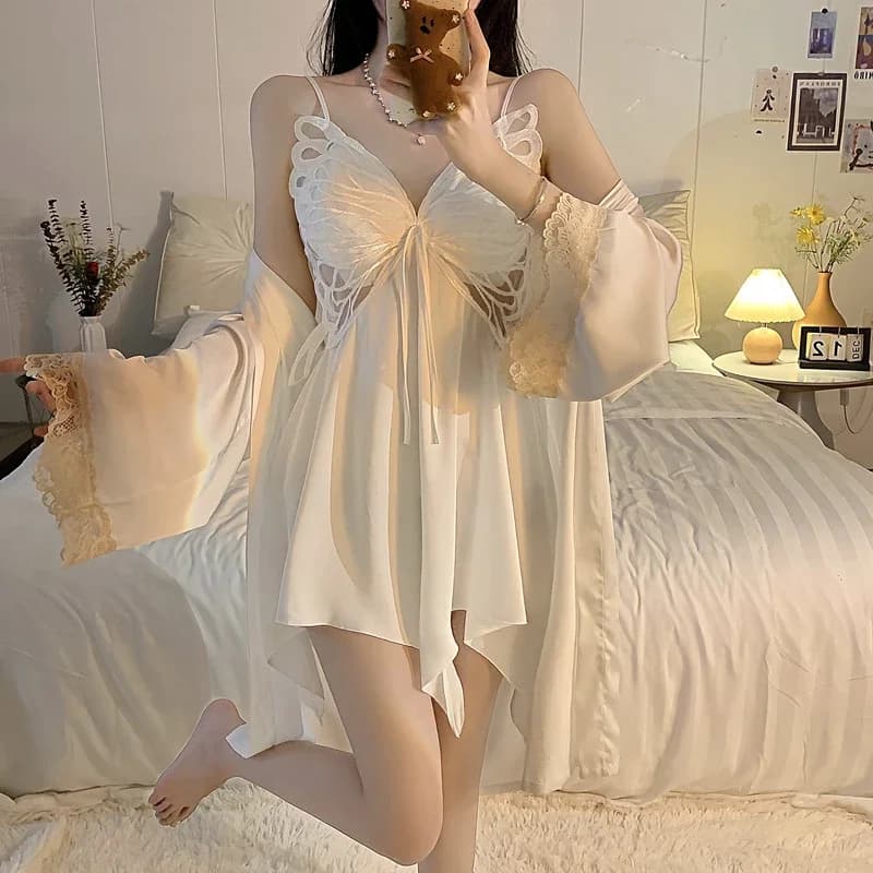 Pure Sexy Moonlight White Lace Halter Nightie 2pcs Women Butterfly Romantic Night Shirt with Bra 2024 New Summer Elegant Home Set