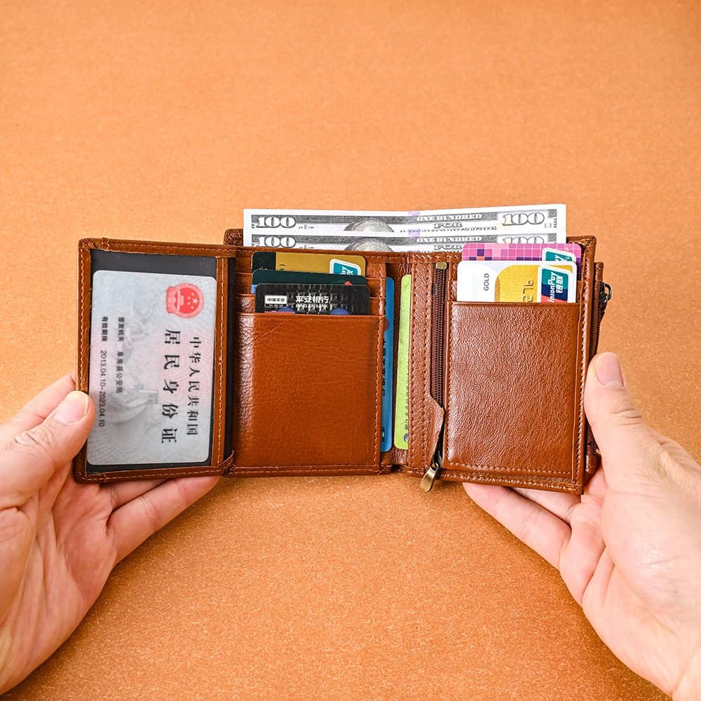 Portafoglio da uomo con portamonete, blocco RFID, in vera pelle, con cerniera, porta carte di credito, porta soldi, da uomo