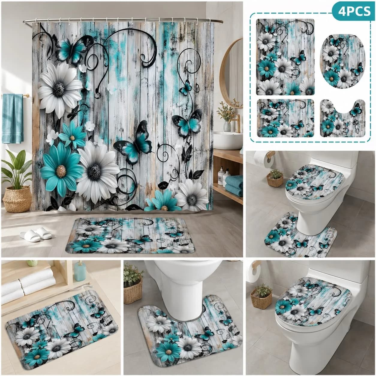2D Flat, 2D FLAT Printing 4pc Set, Fashionable and Simple Teal and White Floral Butterfly Bathroom Set - Shower Curtain Non-Slip Rugs, Toilet Lid Cover, Exquisite and Practical Home Decoration Gifts., 2D Flat