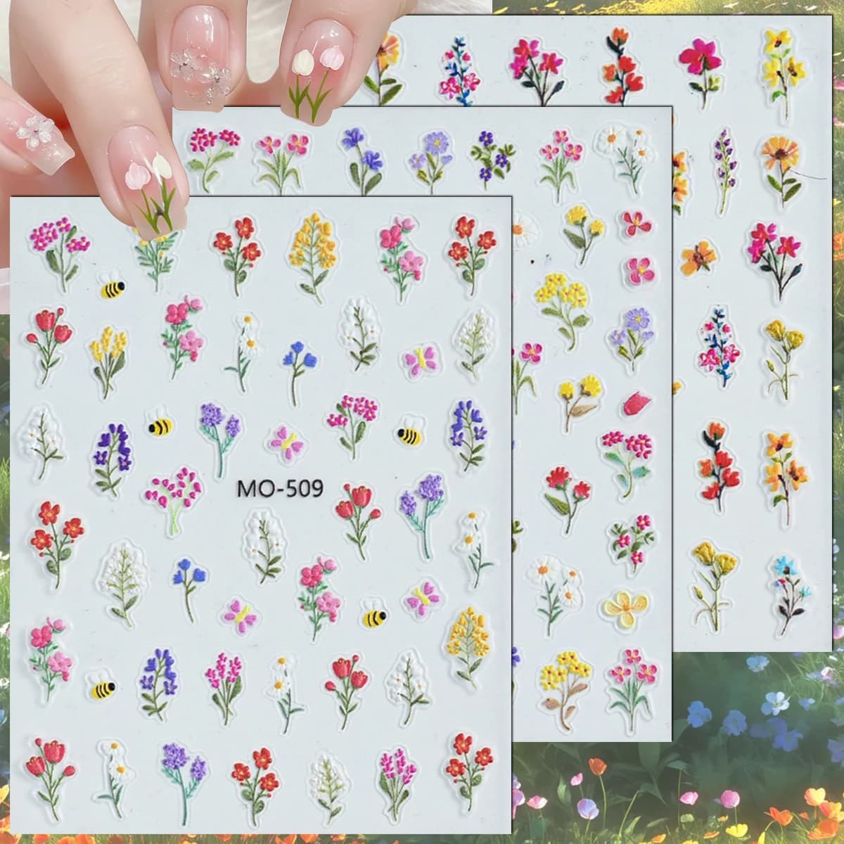 3/6/12 Sheets 5D Embossed Wildflower Bee Nail Stickers Colorful Spring Flower Self Adhesive Floral DIY Nail Art Decals