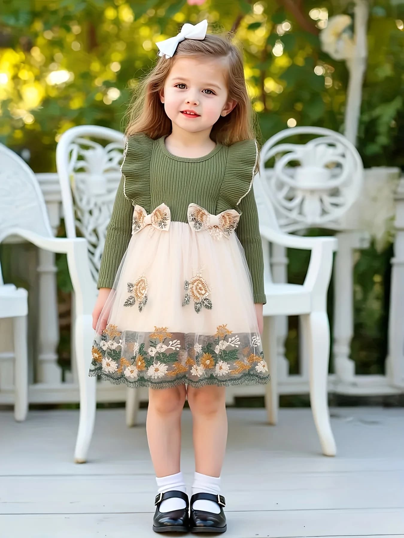 "Abito in maglia stile foresta per ragazze | Top a costine verde oliva con gonna in tulle - Abito da principessa floreale ricamato con fiocchi 3D"
