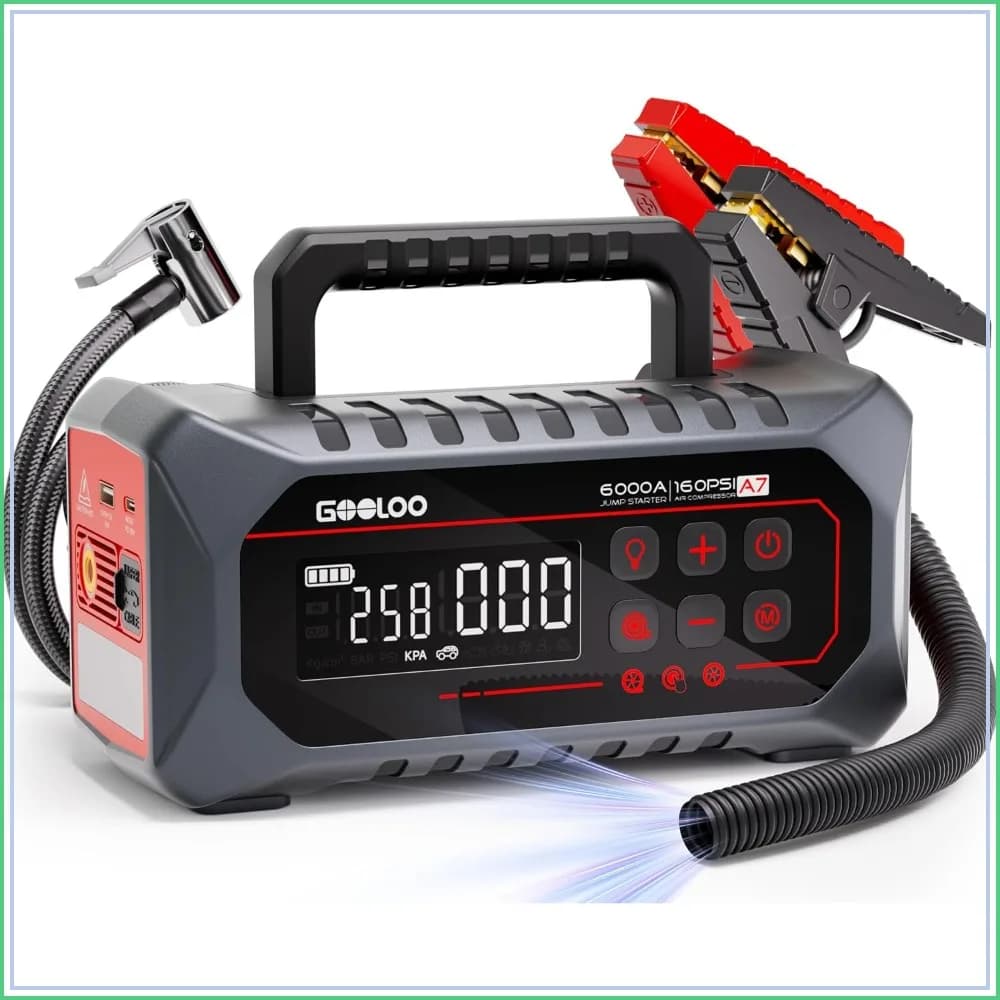 6000A Jump Starter with Air Compressor, 160PSI Tire Inflator for All Gas & 10L Diesel Cars, Portable Battery Booster Pack