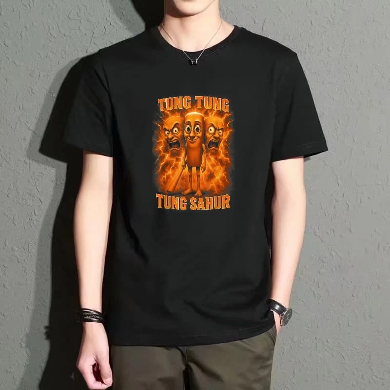 Men's Black Round-Neck Short-Sleeved T-Shirt, Fun Cartoon Print Top, Loose Casual Street Style, Comfortable, Breathable and Versatile for Everyday Wear