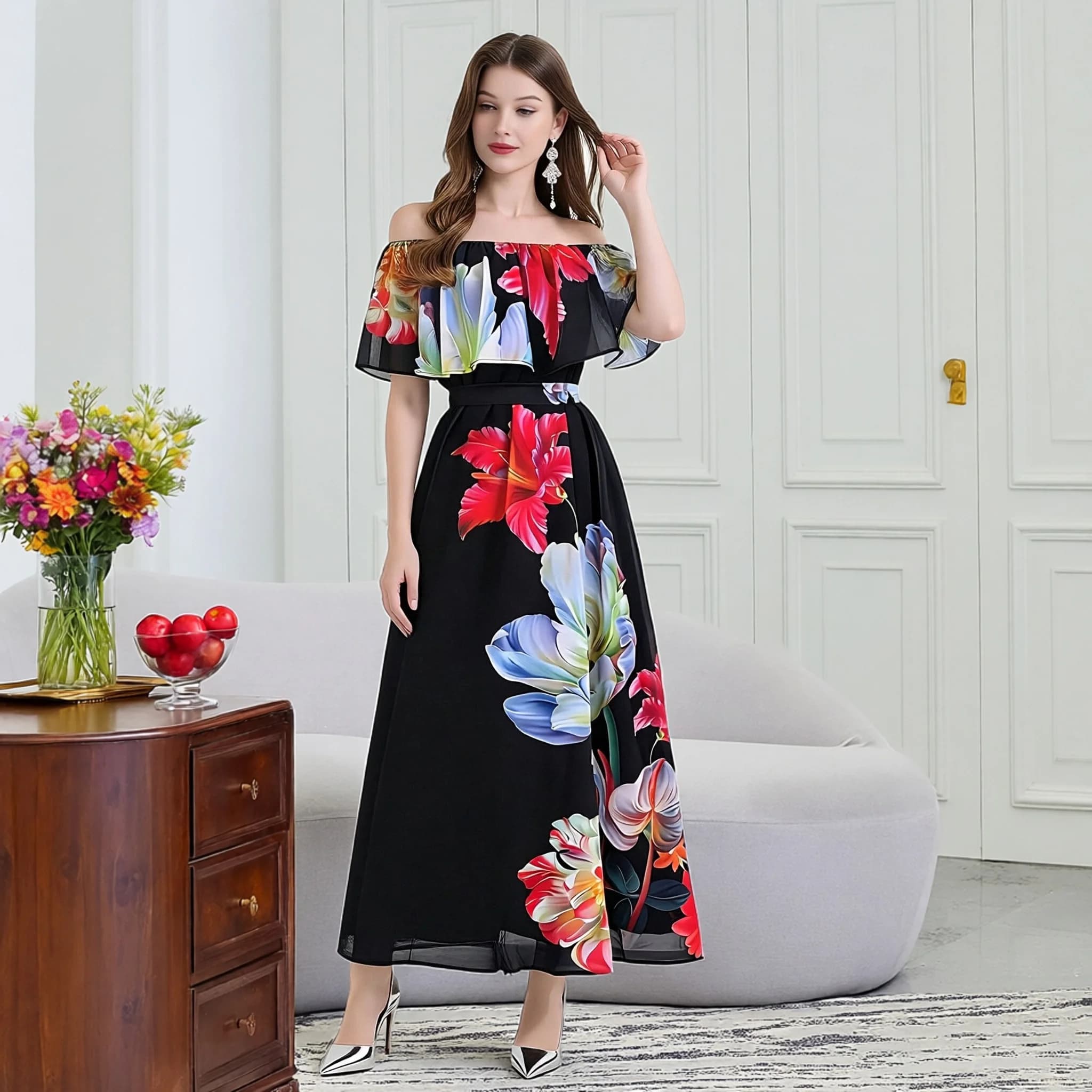 Vacation Style Floral Print One Shoulder Long Skirt Women's Summer Gauze Soft Waist Cinched Bell Sleeve Fairy Tale plus Size
