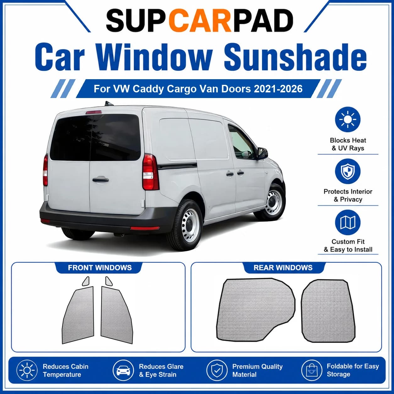 For VW - VW Caddy Cargo Van Doors 2021-2026 Full Set Car Window Sunshades UV Block Privacy Heat Insulated Foldable Car Curtain