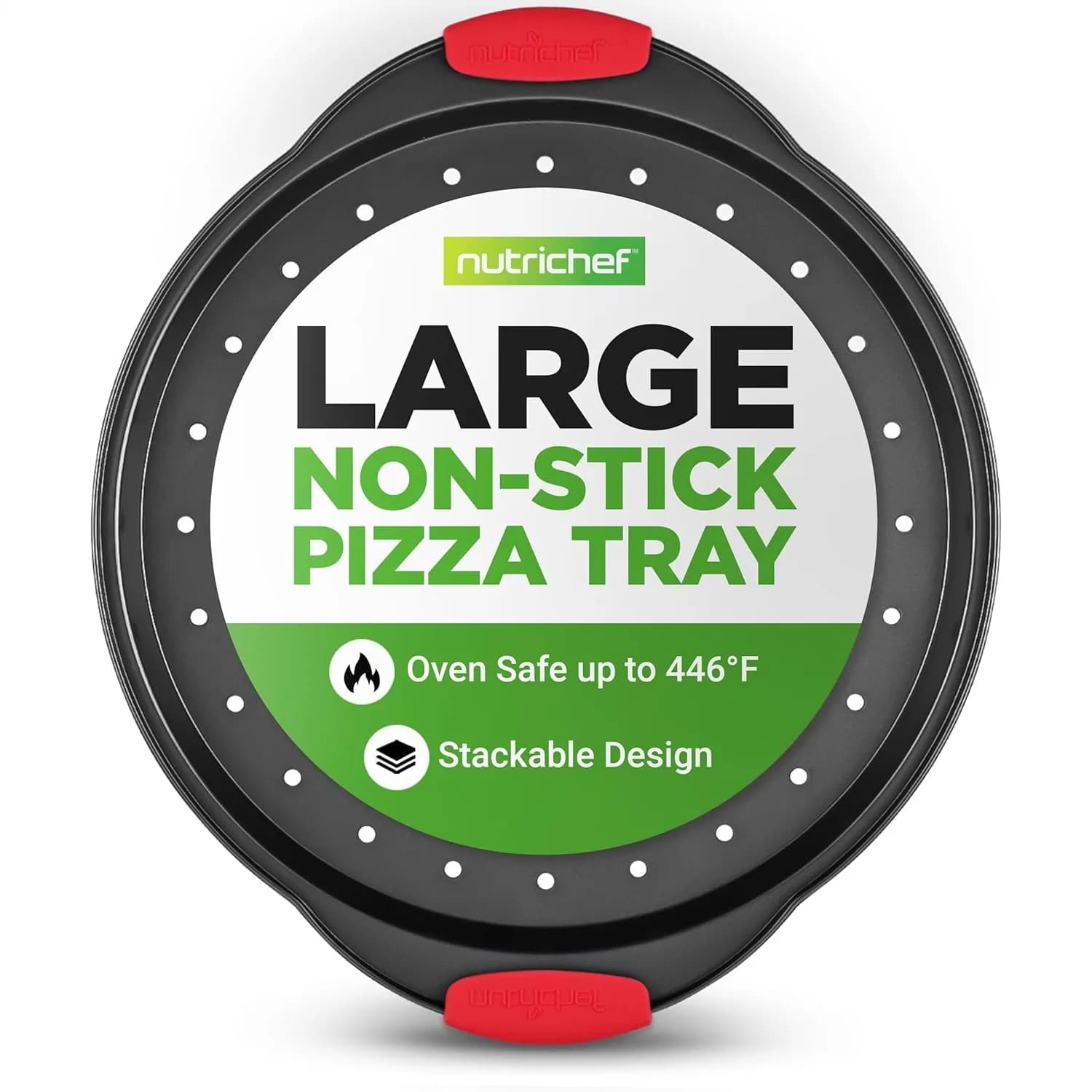 Teglia per Pizza Antiaderente da 13 Pollici con Fori Perforati, Griglia per Pizza Rotonda in Acciaio al Carbonio con Manici in Silicone, Lavabile in Lavastoviglie