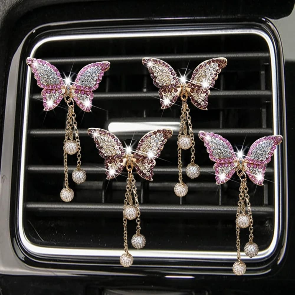 Clip per bocchetta dell'aria per aromaterapia con farfalla bling 4 in 1, deodoranti per auto con ciondolo a forma di farfalla con perla di diamanti, decorazione per auto carina, int