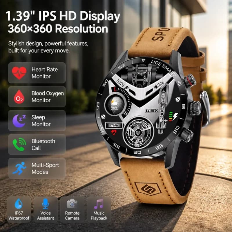 LIGE New 1.39 Inch Bluetooth Call Smart Watch Men Multi-Sports Modes Heart Rate Health Monitoring Waterproof Business Smartwatch