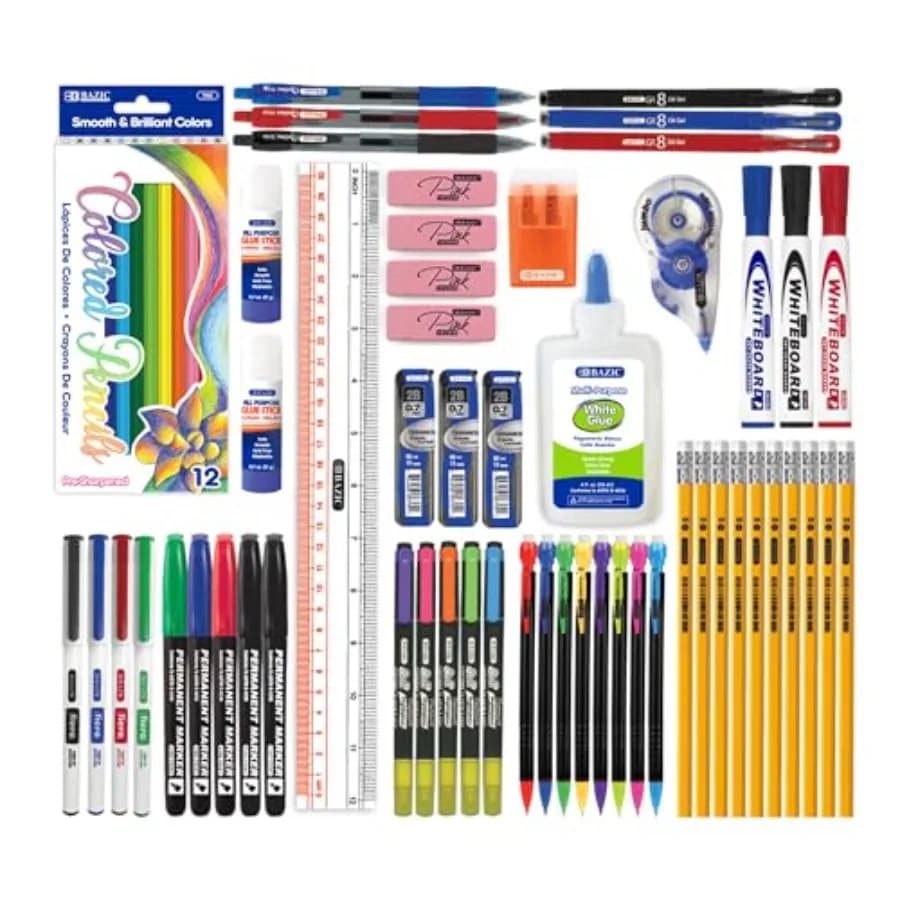 School Supplies Kit 66 Piece Set for K 12 Students, Stationery Essentials with Colored Pencils, Markers, Pencils, Glue, Erasers