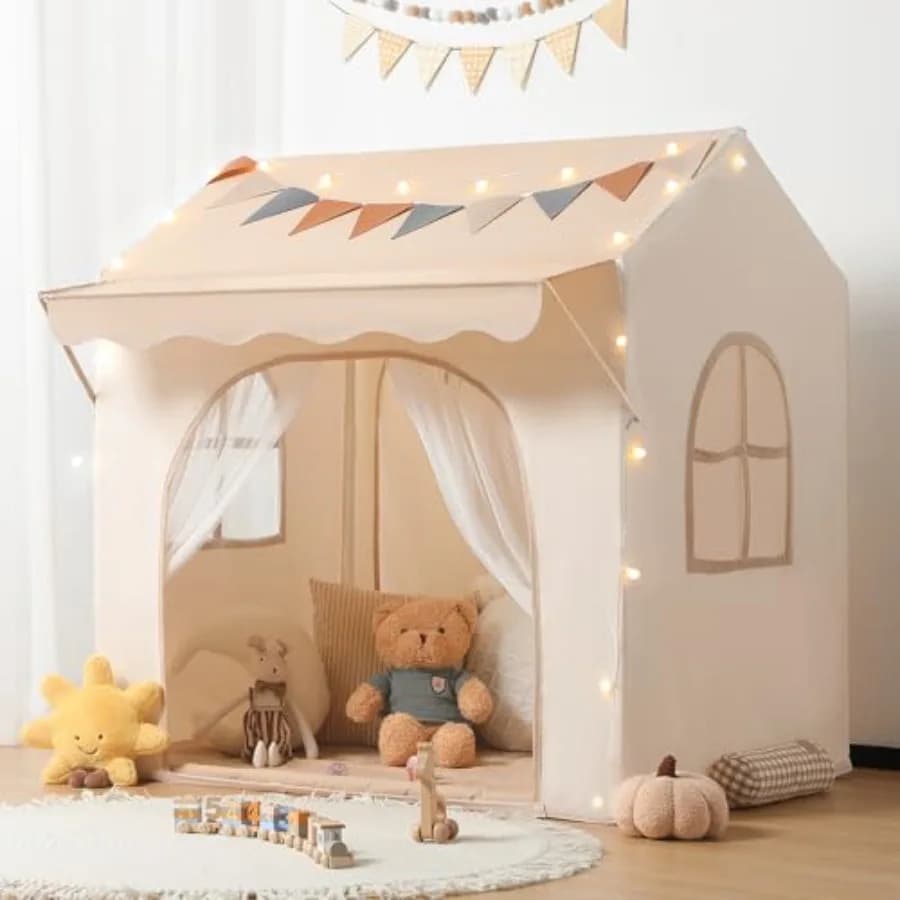 Tenda da gioco 2 in 1 con tappetino imbottito e luci, grande casetta da gioco per interni ed esterni con 2 porte e 2 finestre, tenda natalizia per bambini 51 x 3