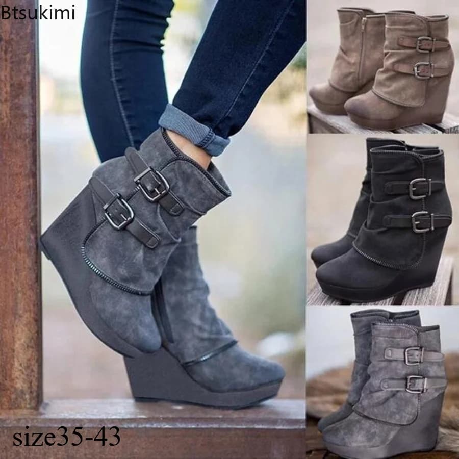 New Women's chunky Boots Zip High Heels Suede Fashion Wedge Heels Durable Retro Women Ankle Boots Round Head Bottes Ladie Shoes