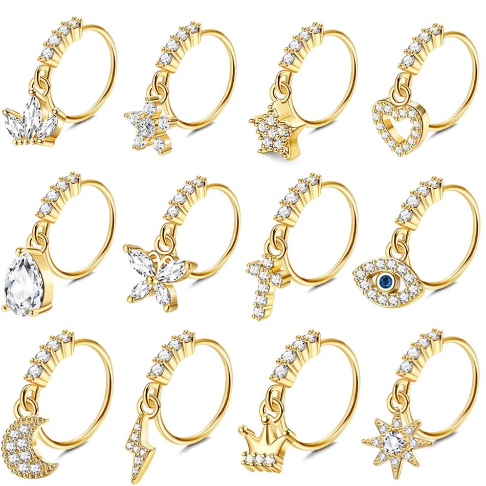 Crystal CZ Septum Hoop Nose Rings Dangle Charms Golden Jewelry Cartilage Piercing Helix Earring Tragus Daith Rook Lobe Earrings