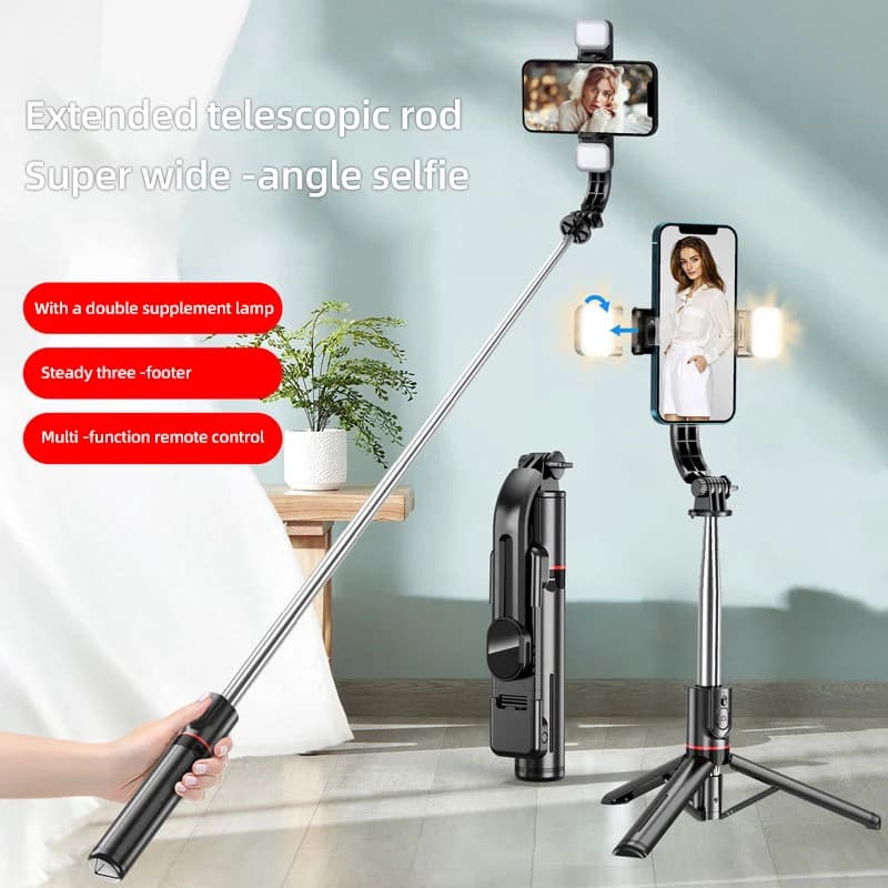 Supporto per selfie stick treppiede live estensibile da 1,7 m Anello LED Supporto per specchio a doppia luce Supporto per telefono 4 in 1 per iPhone X 8 11 Android