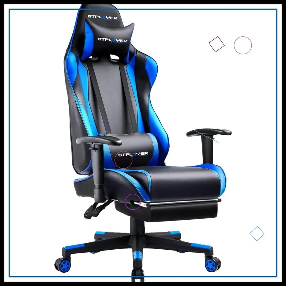 Sedia da Gaming Ergonomica con Poggiapiedi, Seduta Reclinabile Regolabile in Altezza, Poggiatesta Girevole e Supporto Lombare in Blu