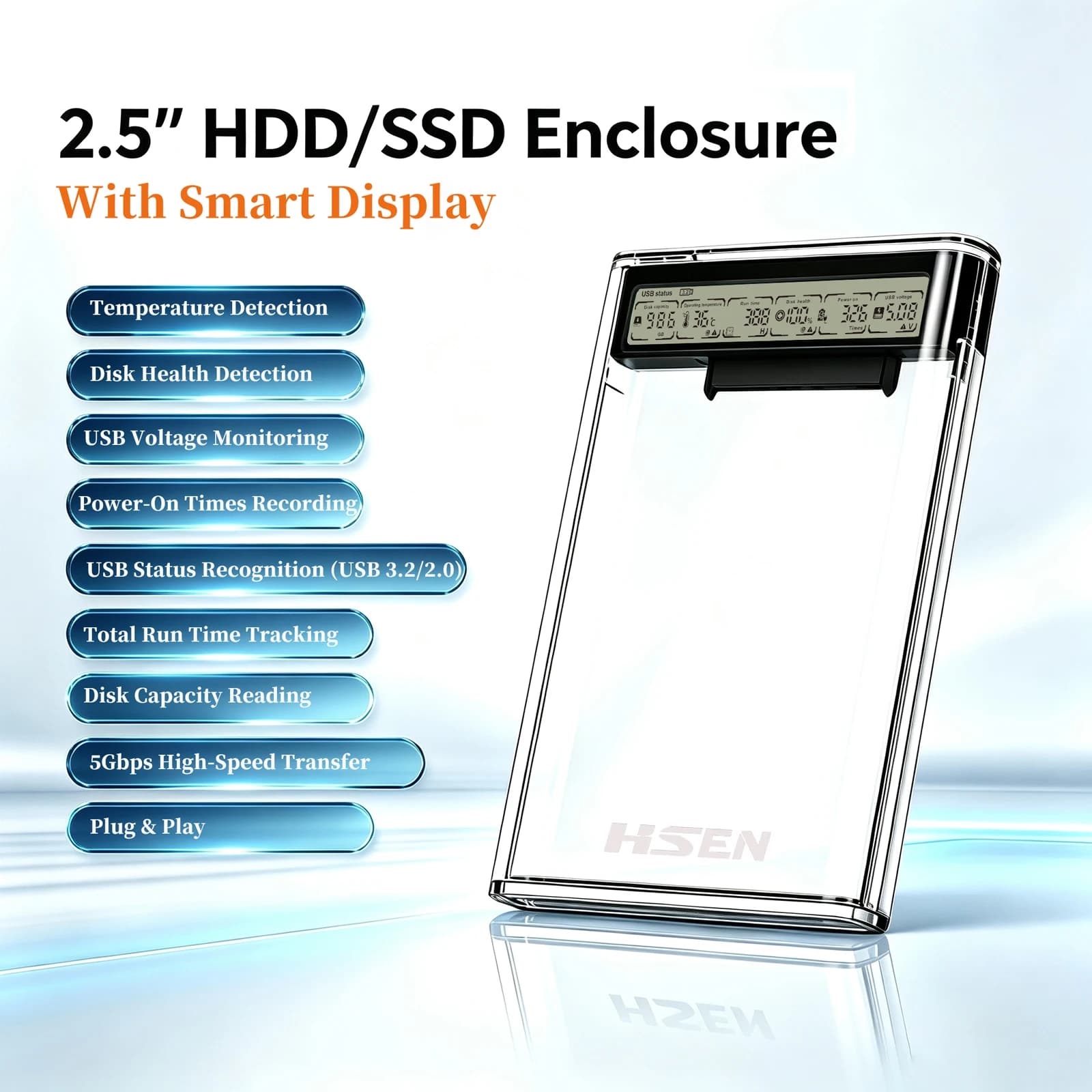 2.5" SATA to USB 3.0 External Hard Drive Enclosure with Smart Display, Tool-Free SSD HDD Disk Case Support 7mm 9.5mm