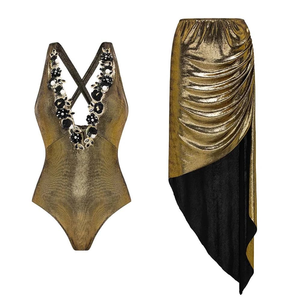 ZAFUAZ Gold Shiny Beaded Flowers Deep V-neck One Piece Swimsuit and Split Skirt Push Up Swimwear Monokini Bodysuit Bathing Suit
