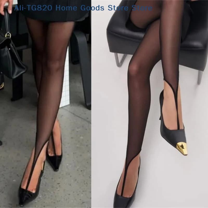 [TG820]Women's Footless Tights With Toe Loop Design Black Stockings Elegant Office Wear Striped Mesh Pantyhose Hosiery