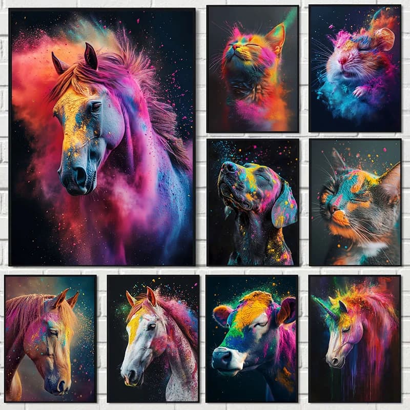 1pc frameless Powder Paint Animals Horse Dog Cat Cow Poster Prints Colorful Animal Canvas Painting Wall Art Picture for Livin