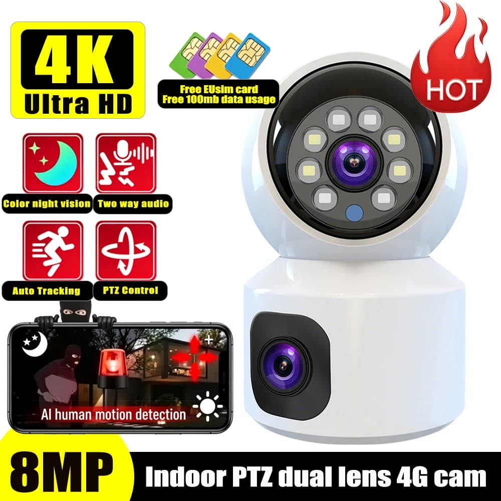 Telecamera IP 4G PTZ a Doppia Lente 4K, Monitor Video per Bambini con Doppio Schermo 8MP, Visione Notturna a Colori, Comunicazione Bidirezionale, Telecamere di Sorveglianza per Interni
