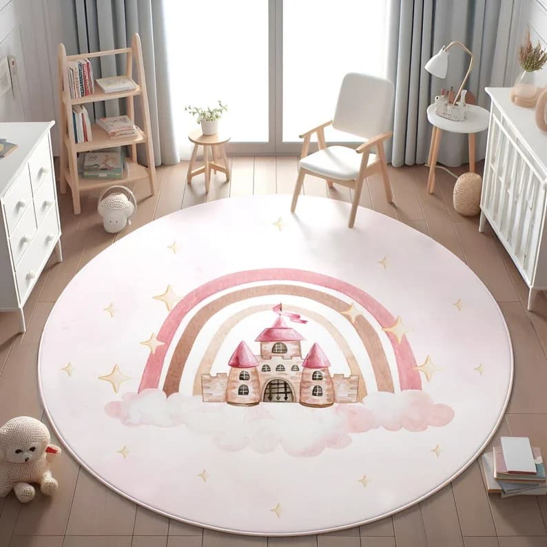 Pink Rainbow Cloud Castle Round Floor Mat Bedroom Sofa Floor Mat Coffee Table Entryway Indoor Home Decor Circle Rug