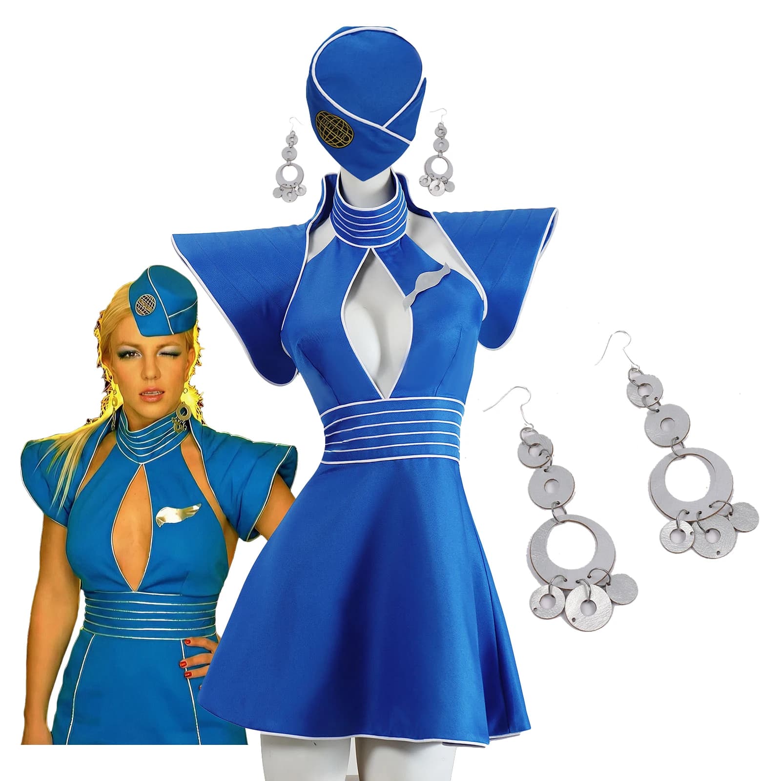 Britney Stewardess Cosplay Blue Flight Attendant Uniform Earrings Toxic Stage Performance Women Sexy Halloween Costume Dress