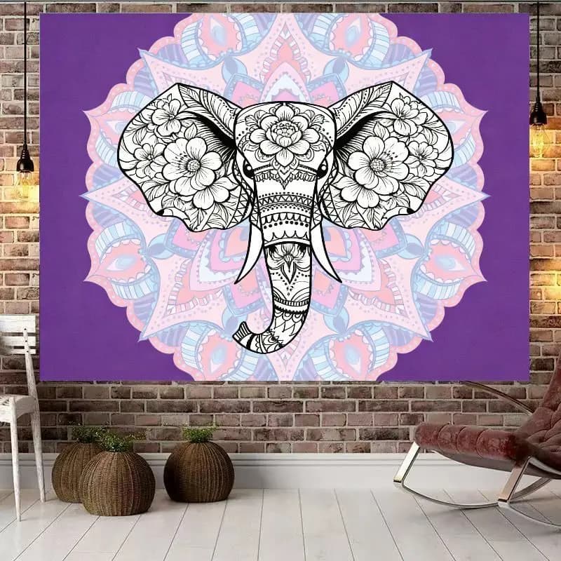 VIKAMA Purple Background Floral Mandala Elephant Tapestry, Boho Black White Line Art Wall Hanging for Bedroom Dorm