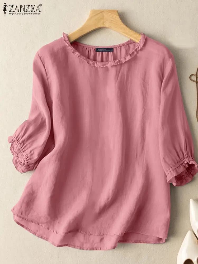 ZANZEA Fashion Ruffles Women's blouse Summer Elegant shirt Sleeve 3/4 O-Colle Blusas Chemise Femme Casual Trained Tunica Mujer shirts